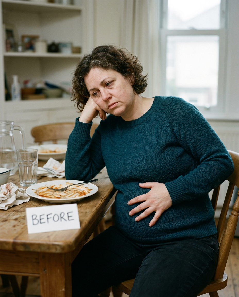 Before — bloated and tired after a meal