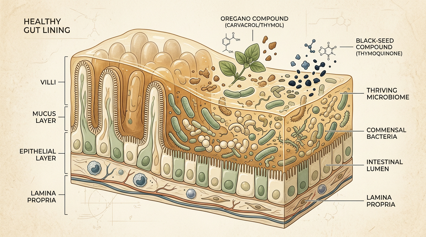 Healthy gut lining diagram showing villi, mucus layer, epithelial layer, and lamina propria with oregano and black seed compounds