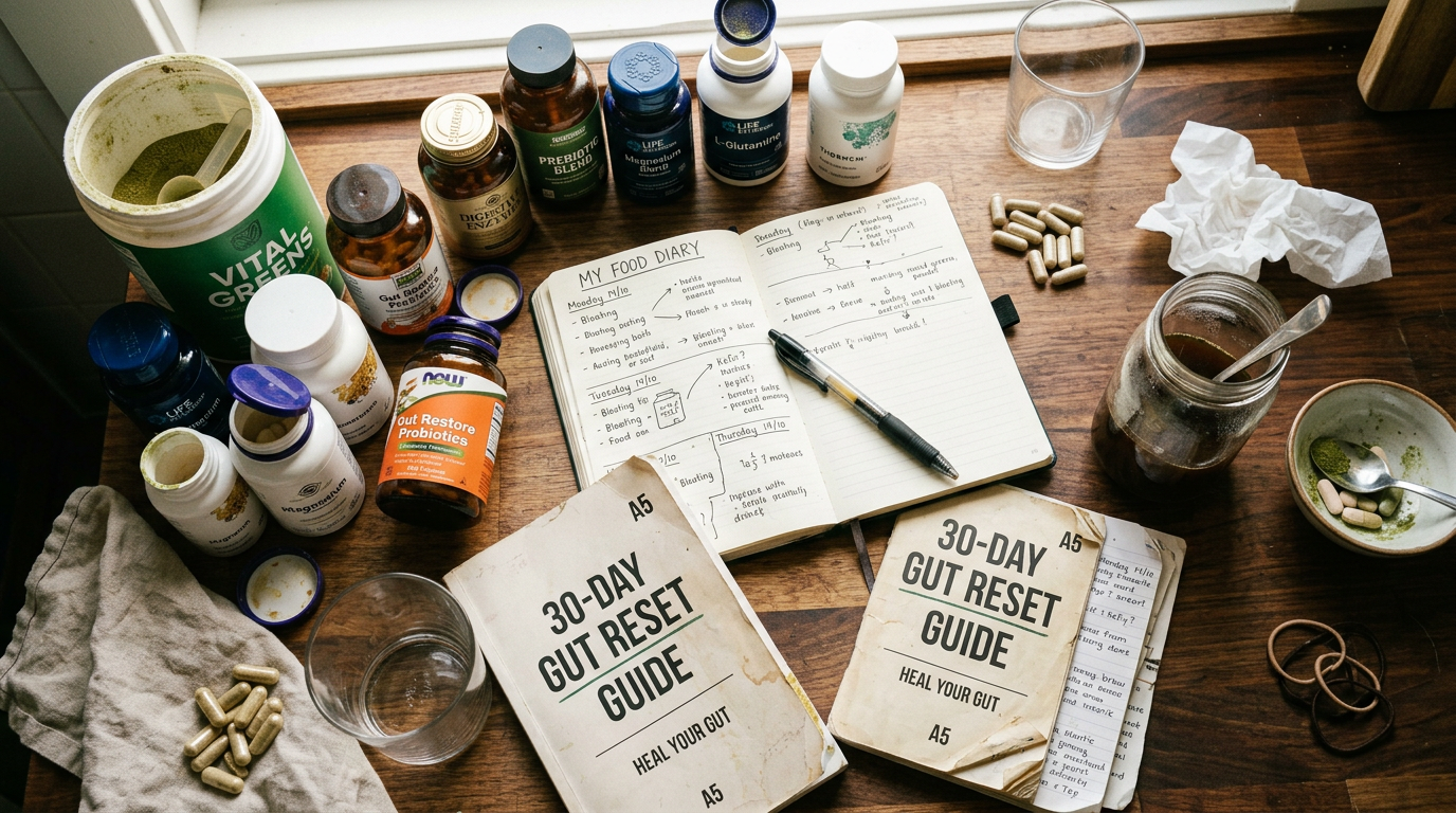 A counter scattered with half-used supplements