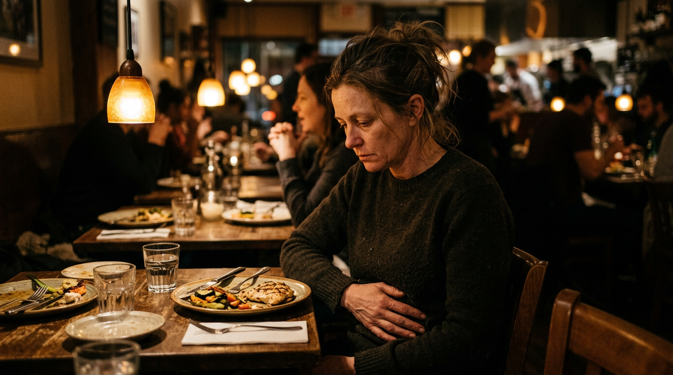 A woman quietly uncomfortable at the dinner table