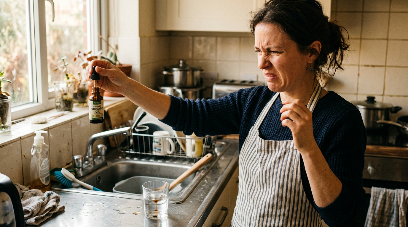 Woman wincing at the strong taste of oregano oil drops